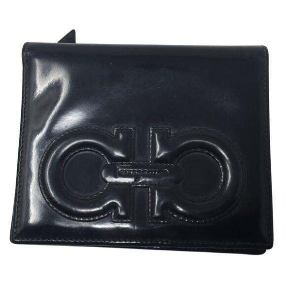 Ferragamo Bi-fold Wallet -  Double Gancini Enamel Black - Picture 1 of 16